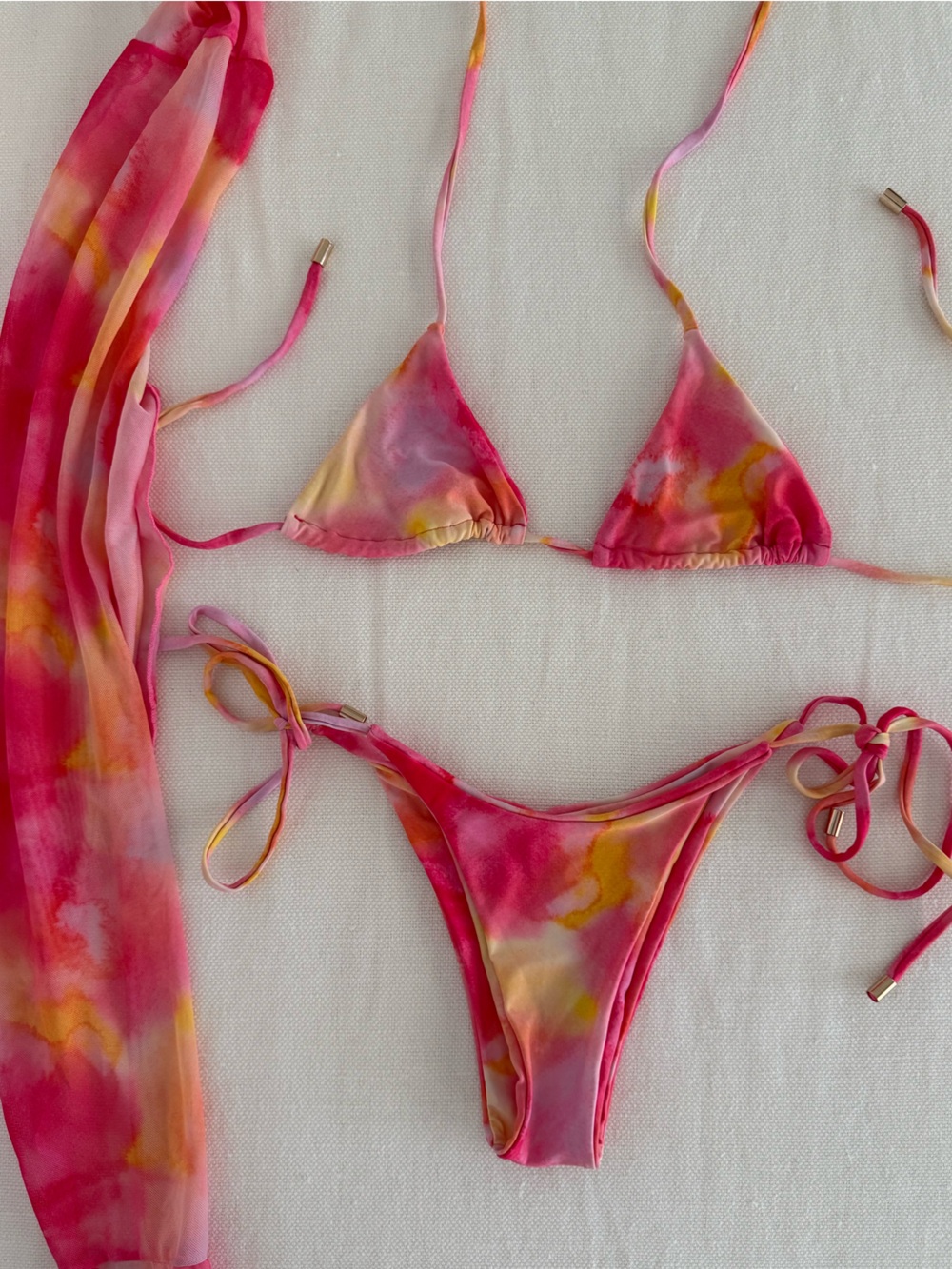 Pastels Pink Tie-Dye Triangle Bikini Set with Sarong